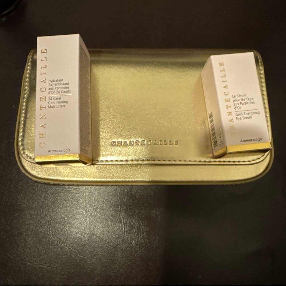 Chantecaille 3 pc GOLD Set- 24 Karat Gold Firming Moisturizer, Eye Serum + bag
